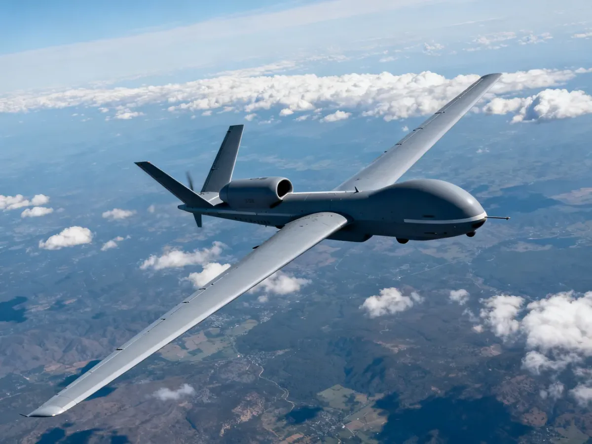 RQ-4 Global Hawk lecący wysoko nad rozległym obszarem podczas misji rozpoznawczej