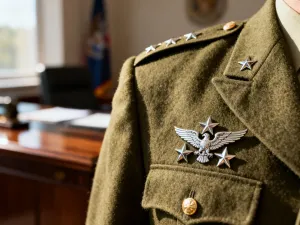 Okręt wojenny płynący po otwartym morzu na tle zachodzącego słońca.