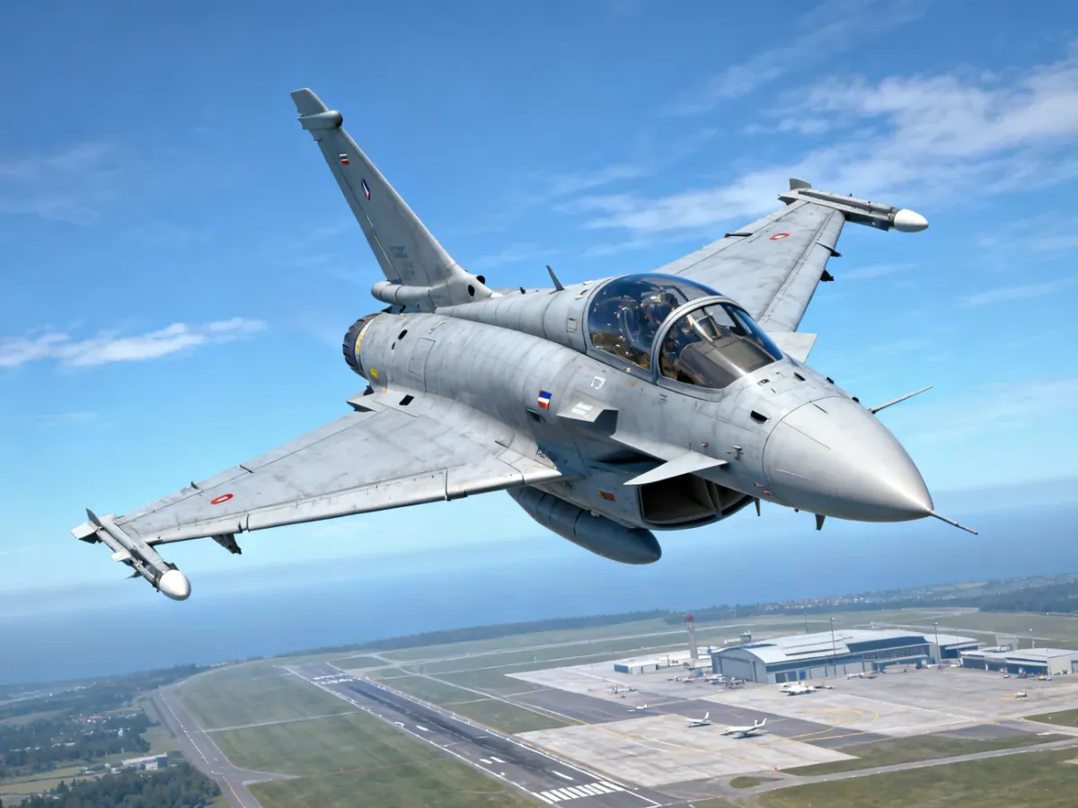 Eurofighter Typhoon lecący nad europejską bazą lotniczą