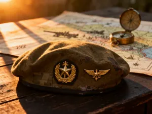 Historyczny bagnet ze stali spoczywający na drewnianym stole obok starej mapy i kompasu w świetle zachodzącego słońca.