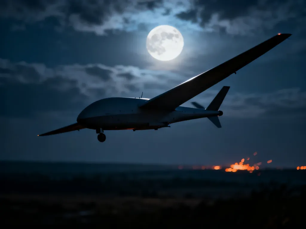 Dron bojowy typu Shahed lecący w nocy na tle zachmurzonego nieba i odległych świateł na horyzoncie.