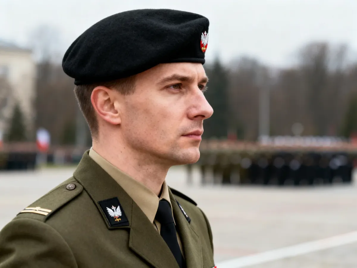 Polski żołnierz w mundurze i starannie uformowanym berecie