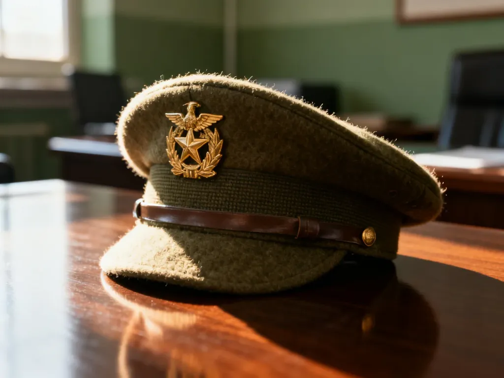 Oliwkowa furażerka wojskowa z mosiężnym emblematem spoczywająca na drewnianym stole w gabinecie.