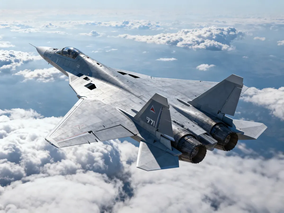 Myśliwiec Su-57 lecący wysoko nad warstwą chmur
